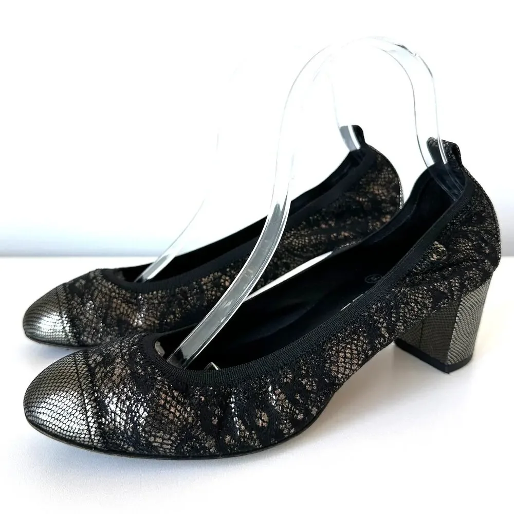 CHANEL Black Gold Metallic Cap Toe Stretchy Block Heel Pumps IT 40